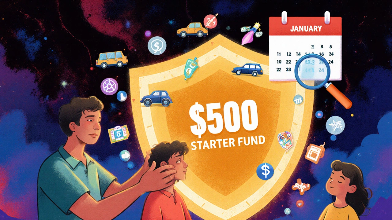 A family placing 0 into a glowing shield-shaped savings account, with repair and medical icons bouncing off.