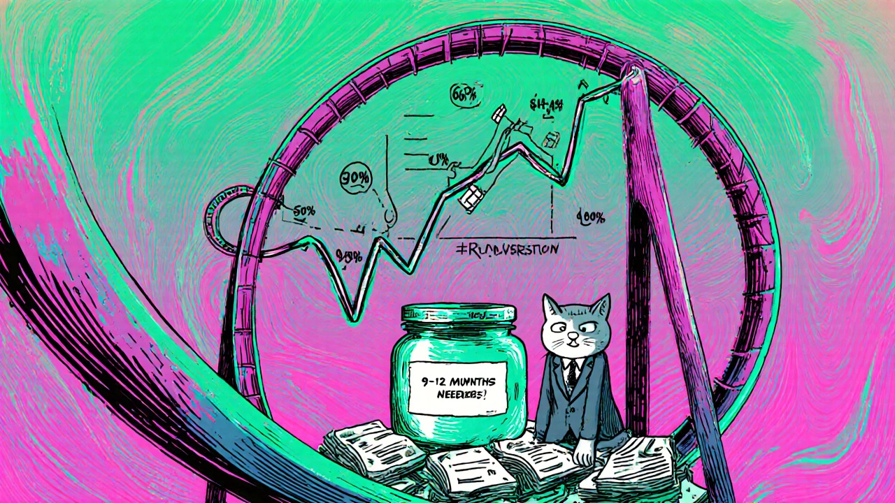 A freelancer&#039;s income graph as a wild rollercoaster over a small savings jar, with invoices piled below.