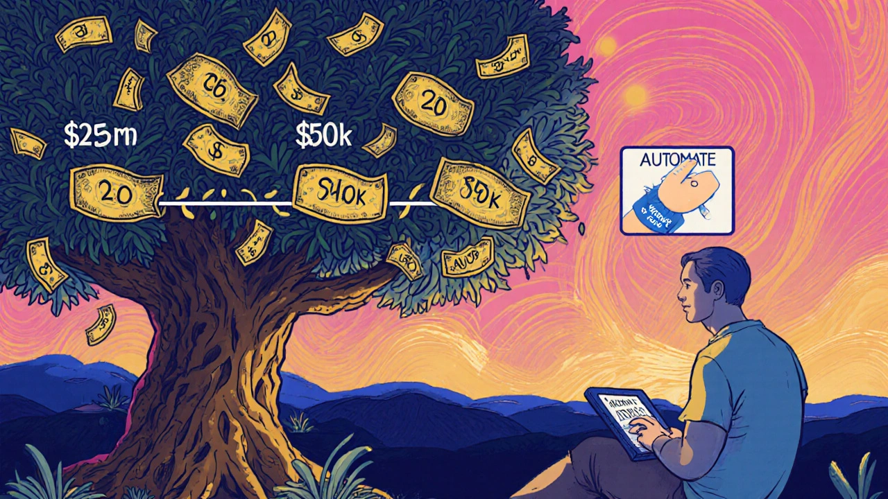 A person relaxes under a tree of money, watching their financial timeline grow in vibrant, flowing colors.