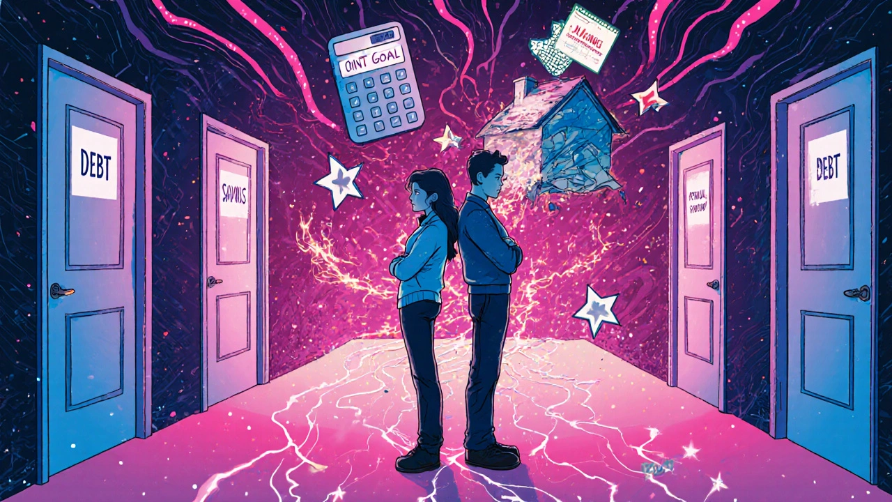 Couple facing doors to financial goals, with digital chaos behind them in swirling psychedelic colors