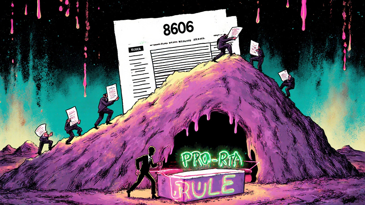 IRS Form 8606 as a mountain with people rolling money into a 401(k) cave, blocked by Pro-Rata Rule