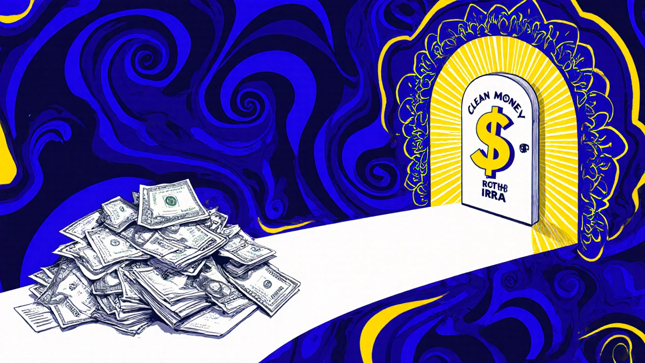 Pathway from messy financial documents to a clean IRA vault with a glowing ,000 bill