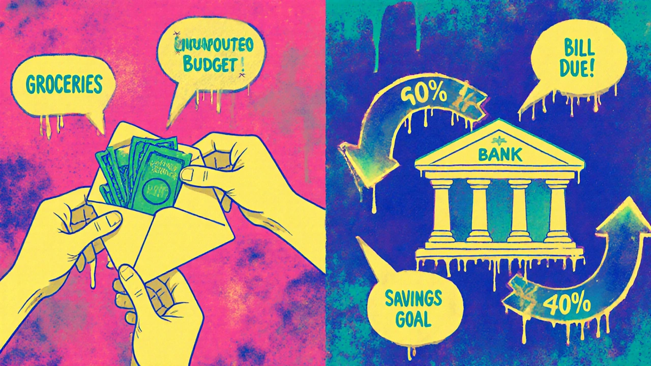 Split household finances shown as envelopes and merged income streams in vibrant retro poster art