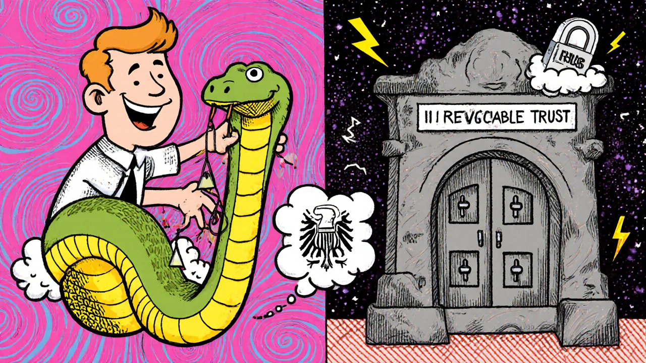 Split scene of flexible revocable trust vs. solid irrevocable trust with cosmic patterns