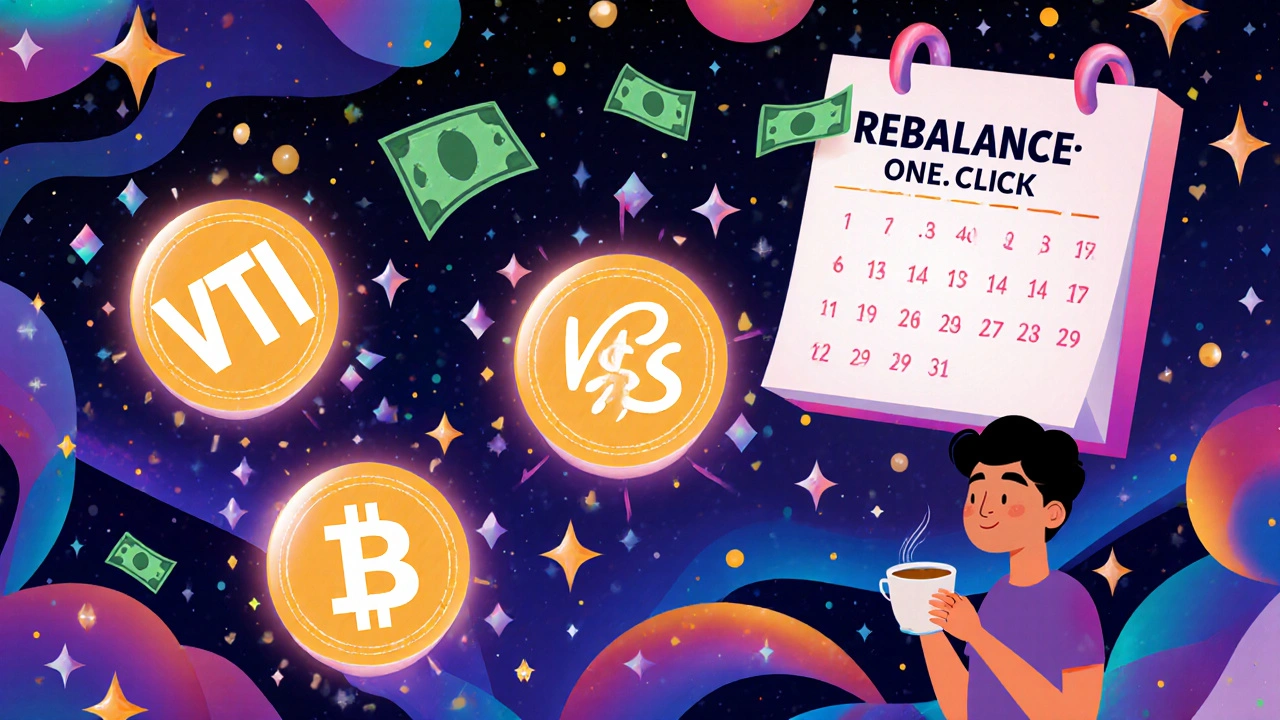 Three glowing ETFs float in a cosmic swirl as automatic investments rain down in psychedelic art style.