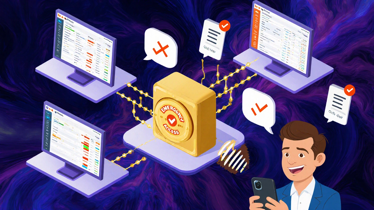 Three trading accounts connect to a safe vault with SMS alerts and a phone receiver glowing with success.