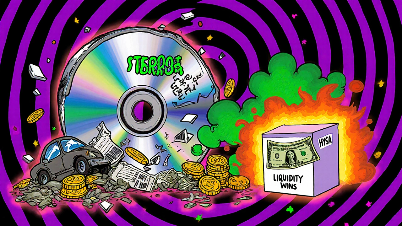 A crumbling CD collapses under emergency expenses, while a small glowing HYSA box shines with the words &#039;Liquidity Wins&#039;.