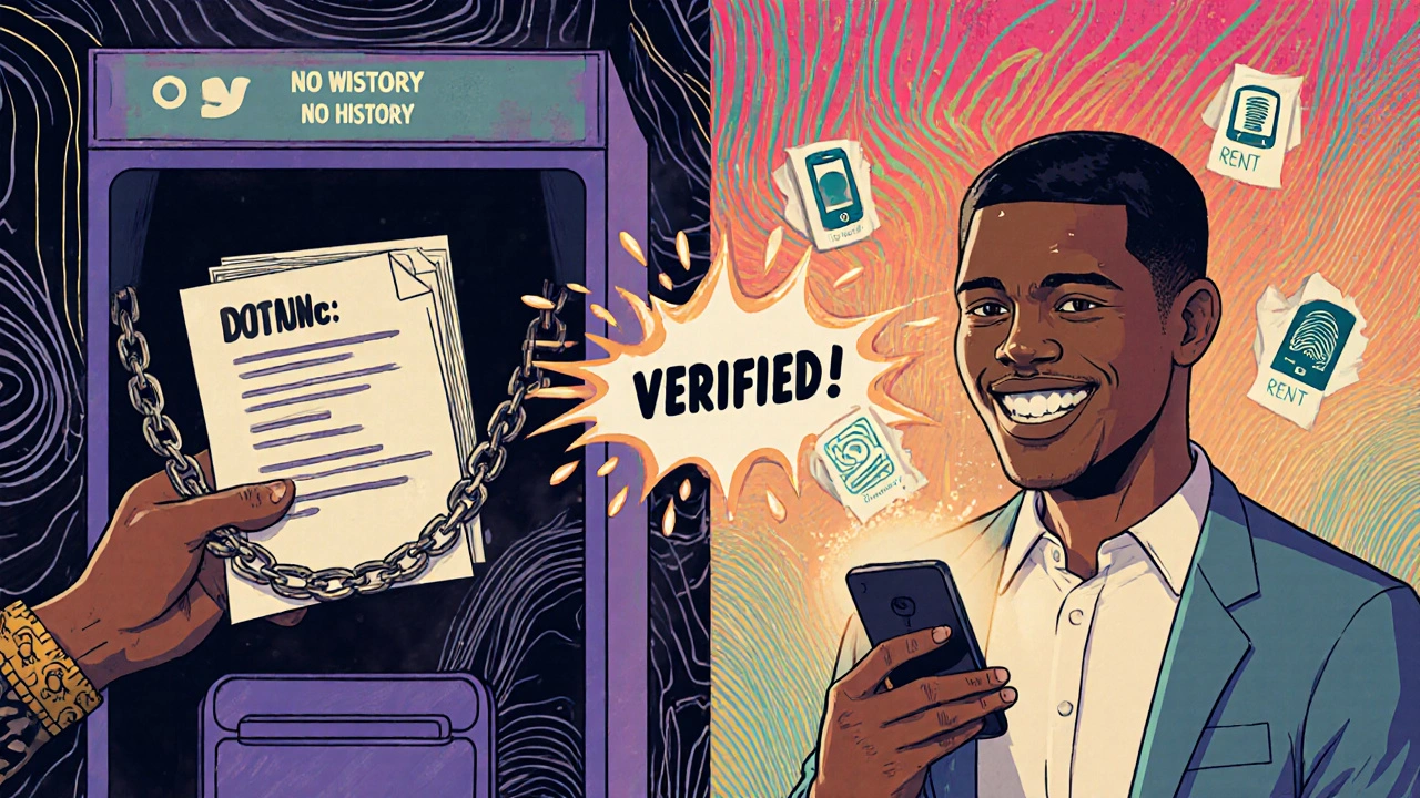 A man rejected by ID checks finds verification through mobile payments and rent data in a vibrant split-scene illustration.