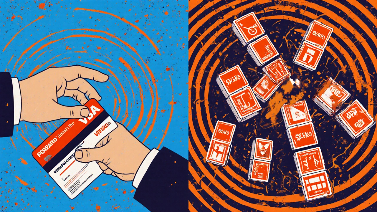 A person uses a debit card to pay a plumber, while six penalty stamps fall like dominos in a swirling 1960s-style illustration.