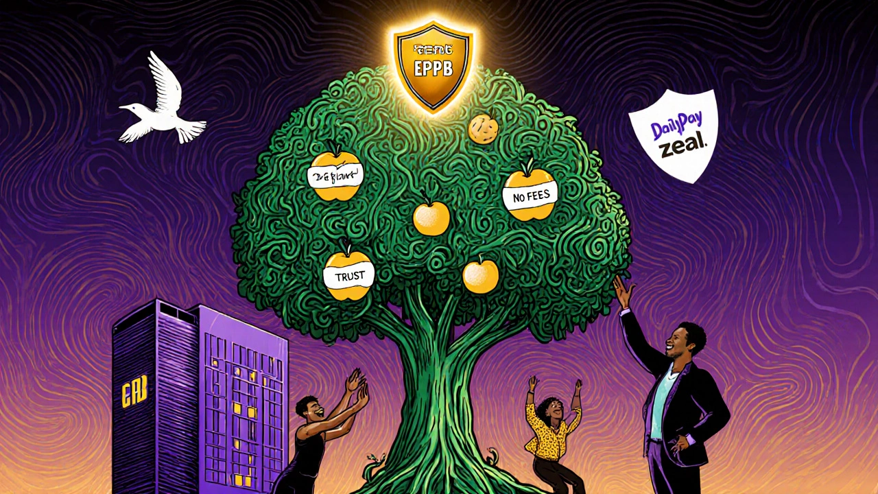 A symbolic EWA tree grows from a company, bearing fruit of trust and no fees, under a protective CFPB glow.