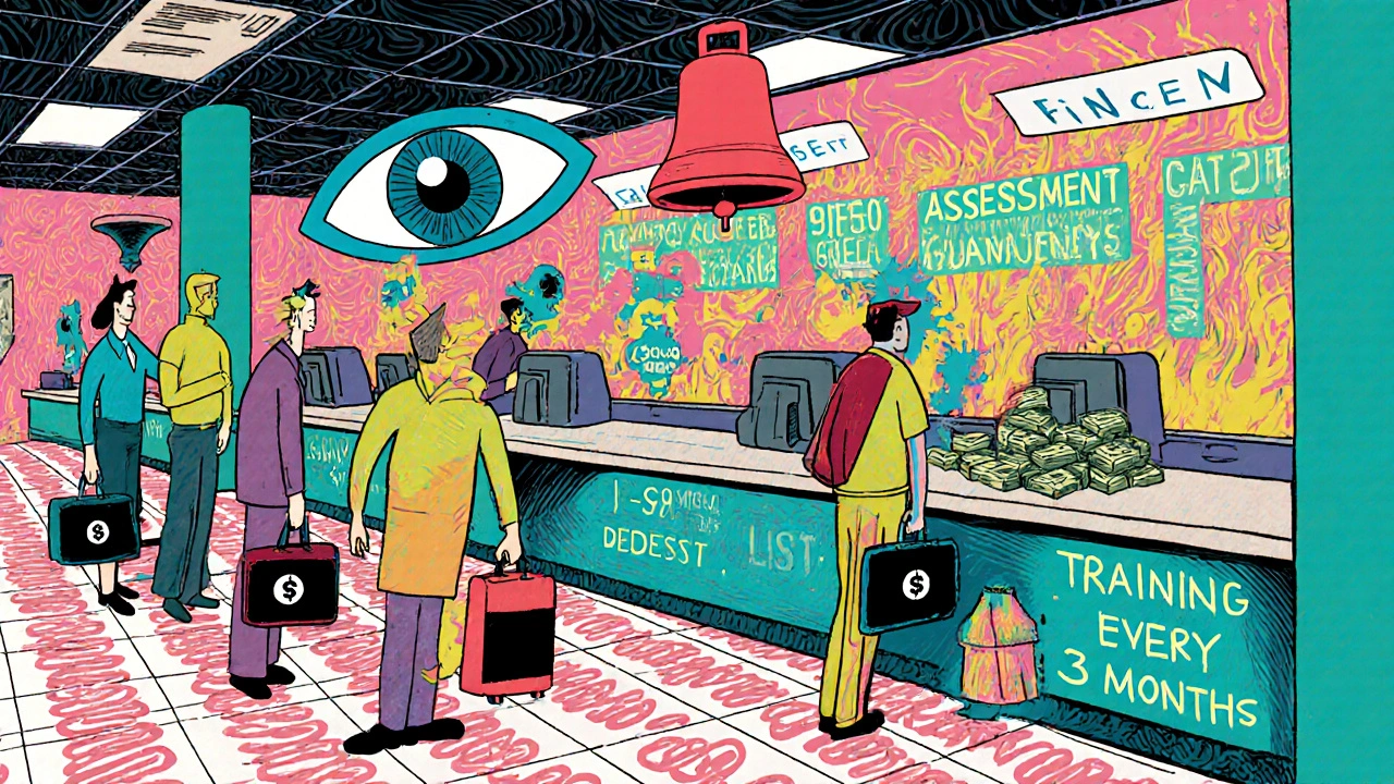 Chaotic bank scene with customers hiding threats, watched by a giant eye and training posters.