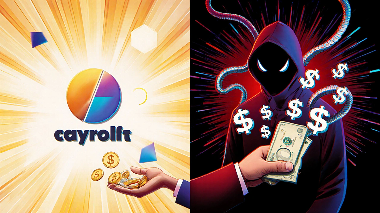 Contrasting scenes: employer-funded EWA brings calm gold light, while provider-funded fees create chaotic, draining energy.