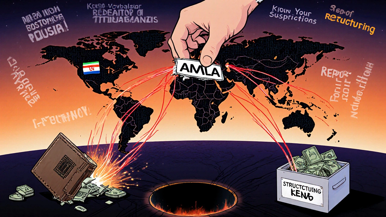 Global circuit board map with red threat lines flowing to U.S. banks, crushed by a central authority.