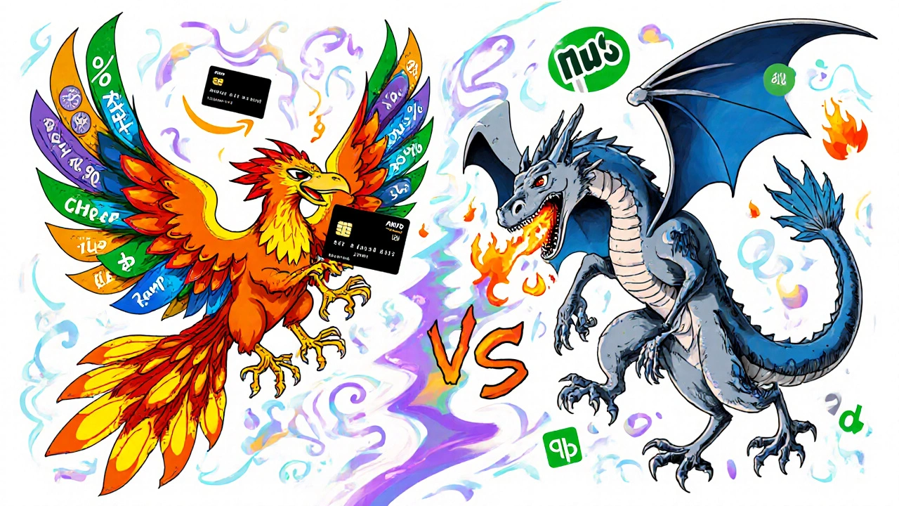 Ramp&#039;s phoenix card battling Brex&#039;s dragon in a battle of financial features with floating logos.