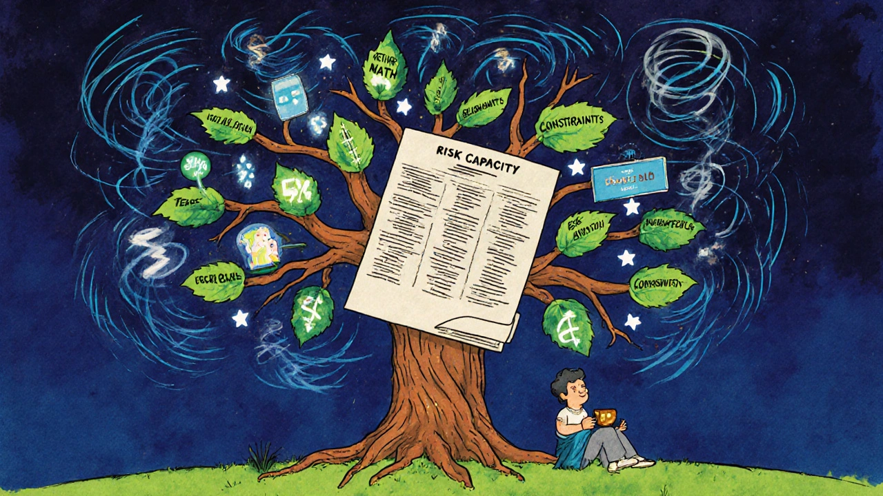 A living IPS tree with roots, branches, and leaves defining financial constraints and goals.