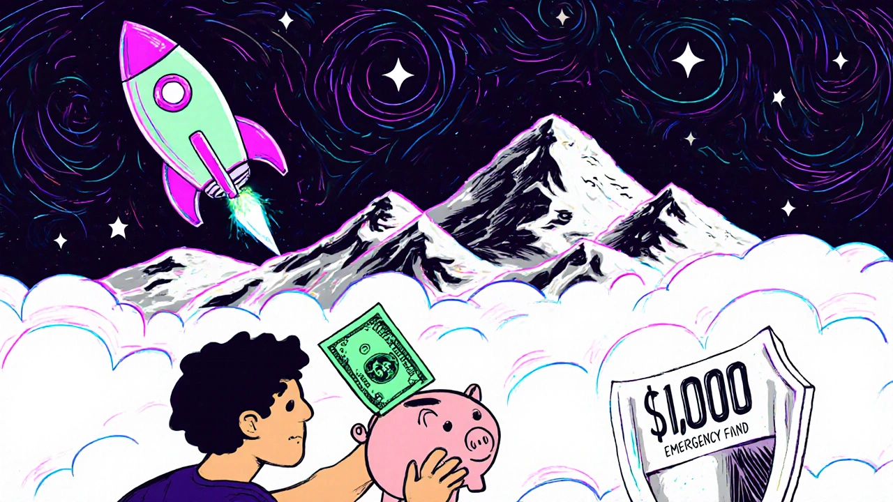 A young adult placing ,000 into a shield-shaped emergency fund as debts fade, with a Roth IRA rocket launching above.