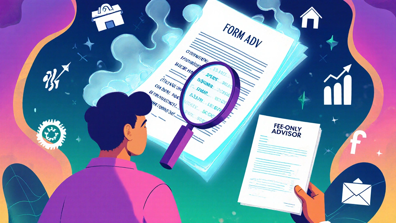 Client examining Form ADV with hidden fees dissolving, while a fee-only advisor holds a simple invoice in vibrant psychedelic design.