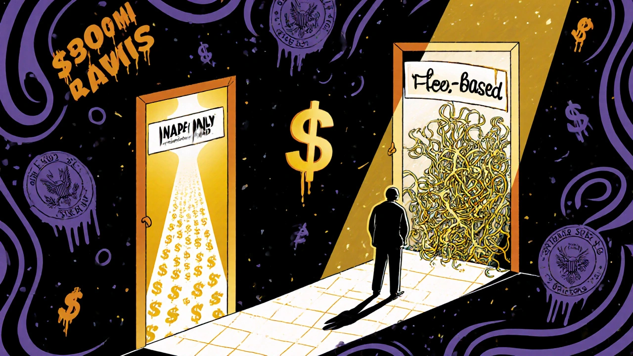 Two paths to financial advice: one glowing gold with fee-only symbols, the other blocked by tangled commissions in retro psychedelic style.