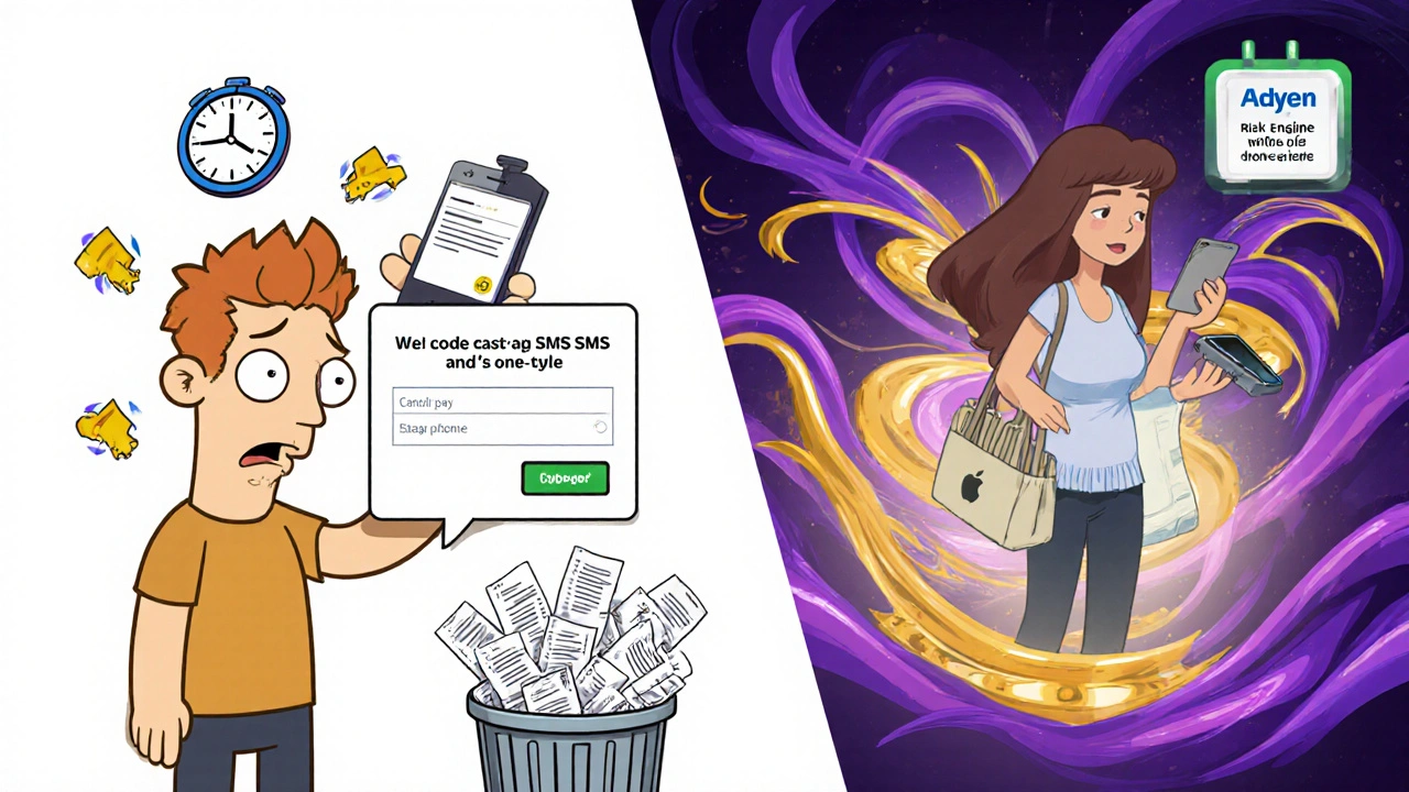 A frustrated customer facing a delayed SMS code pop-up versus a calm user successfully paying with Apple Pay.