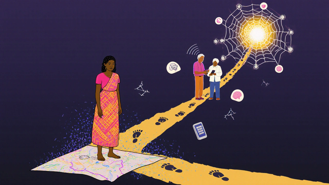 A rural woman faces poor network coverage while a community agent helps an elder use voice-based banking with AI symbols nearby.