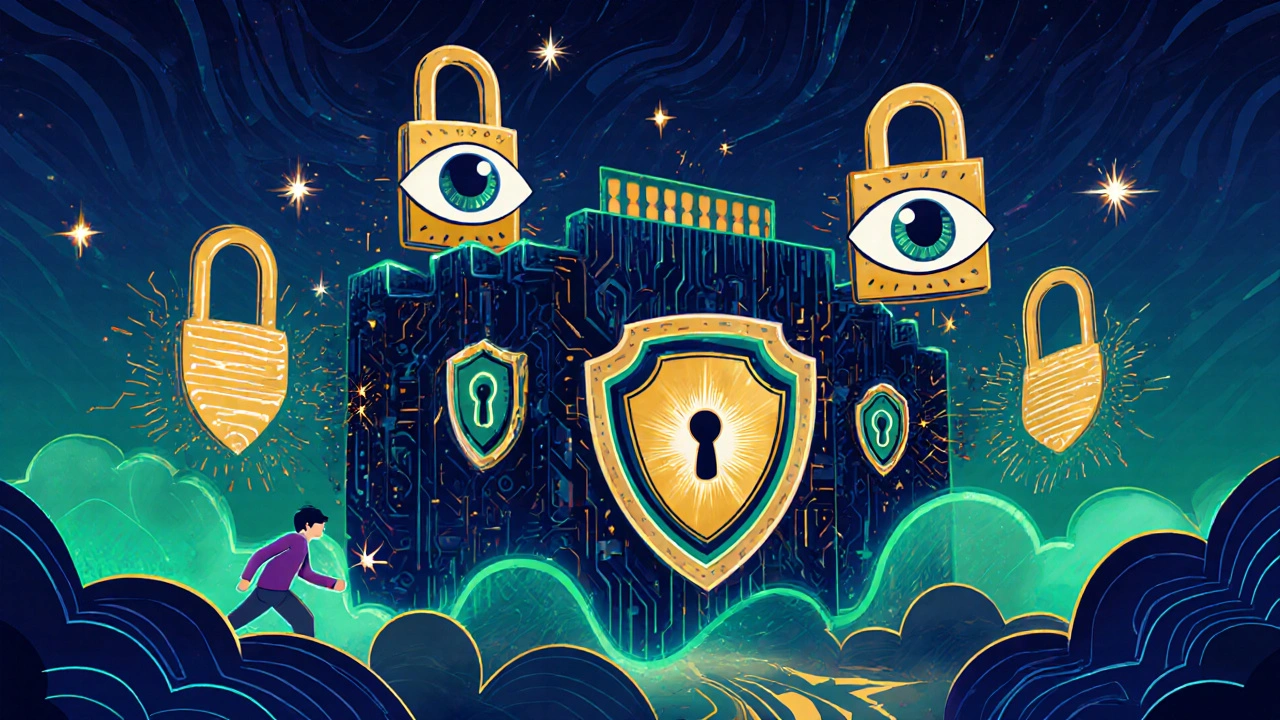 A secure digital fortress with AI eyes and compliance shields repelling a hacker, all in psychedelic colors.