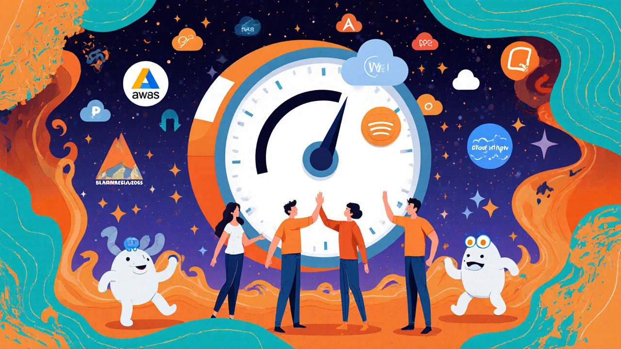 A startup team celebrating as a pay-as-you-go meter scales up and down with animated cloud logos nearby.