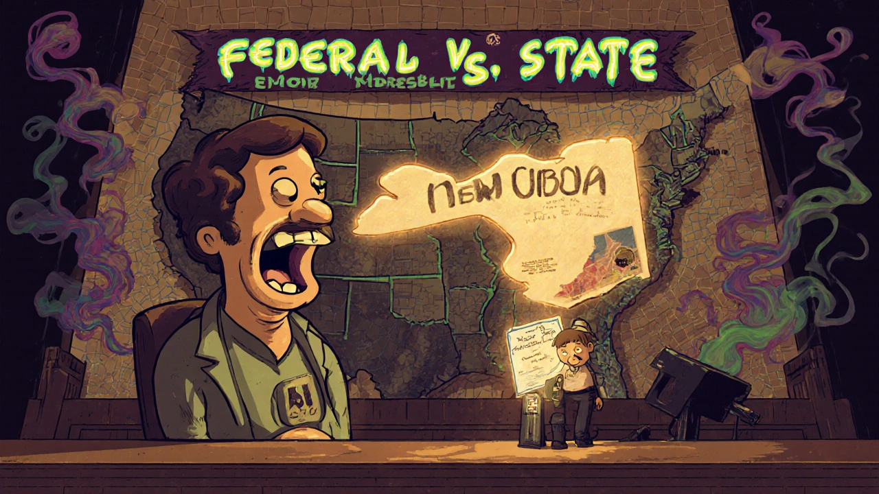 Courtroom battle between a BNPL company and New York regulator, with U.S. states lit up in a psychedelic map.