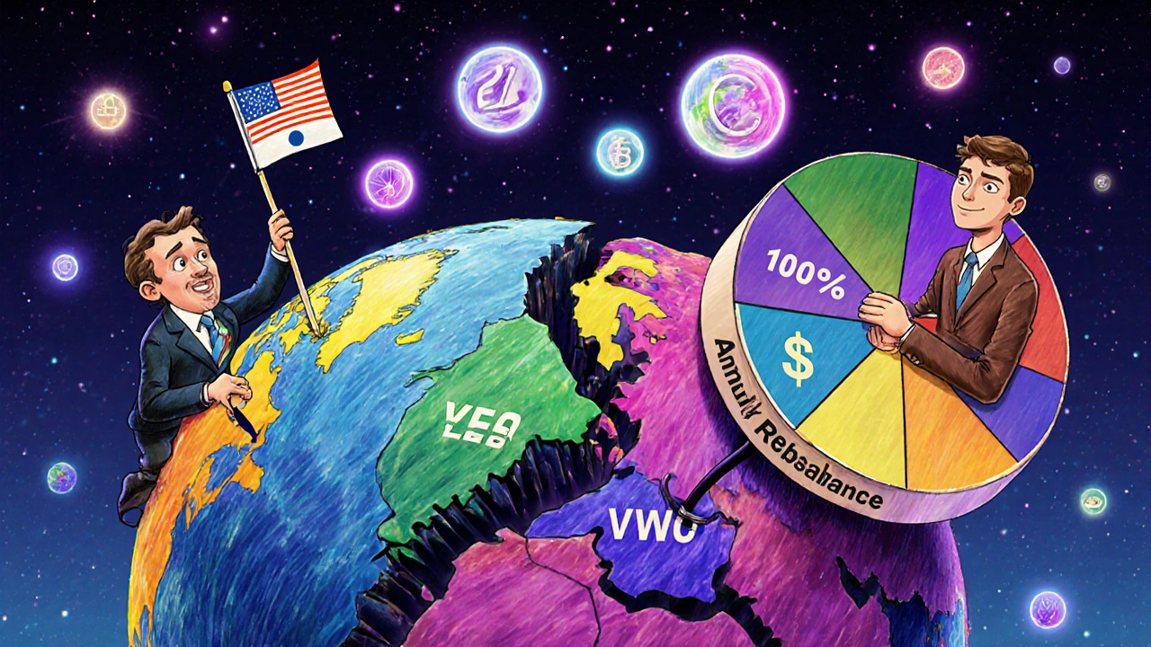 Globe with glowing ETF symbols above regions, a confused investor clinging to a fading U.S. flag while another rebalances a spinning wheel.