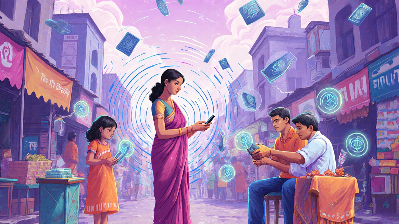 Indian market vendors receive digital payments via UPI, surrounded by glowing fractal patterns and floating currency icons.