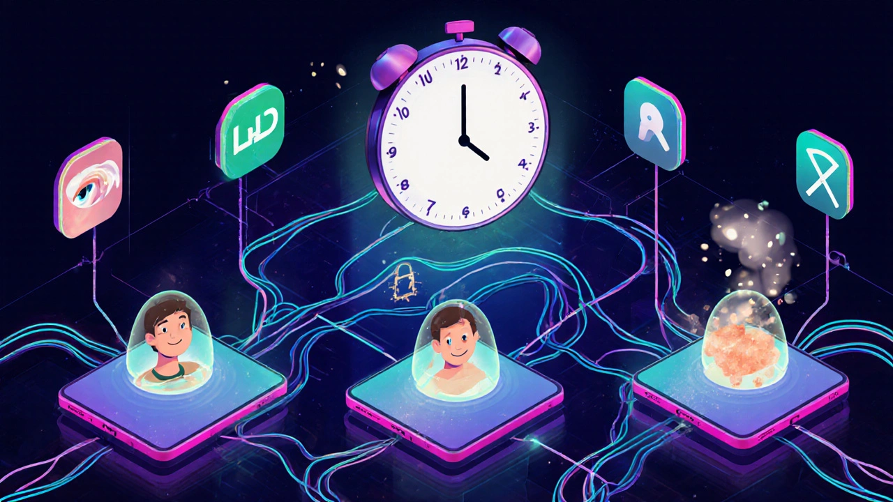Open banking apps connected by glowing biometric locks, with a countdown to 2024 regulation deadline.
