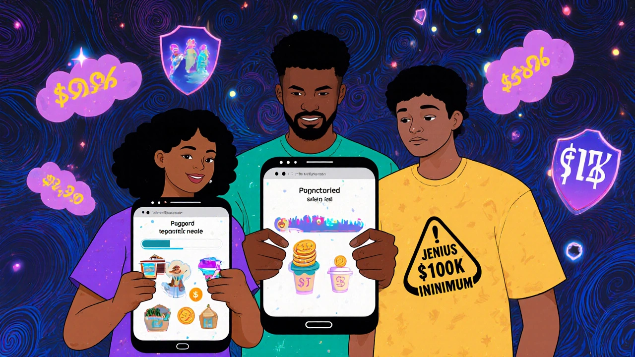 People using savings apps with progress bars and warnings, surrounded by floating interest rates and FDIC shields.