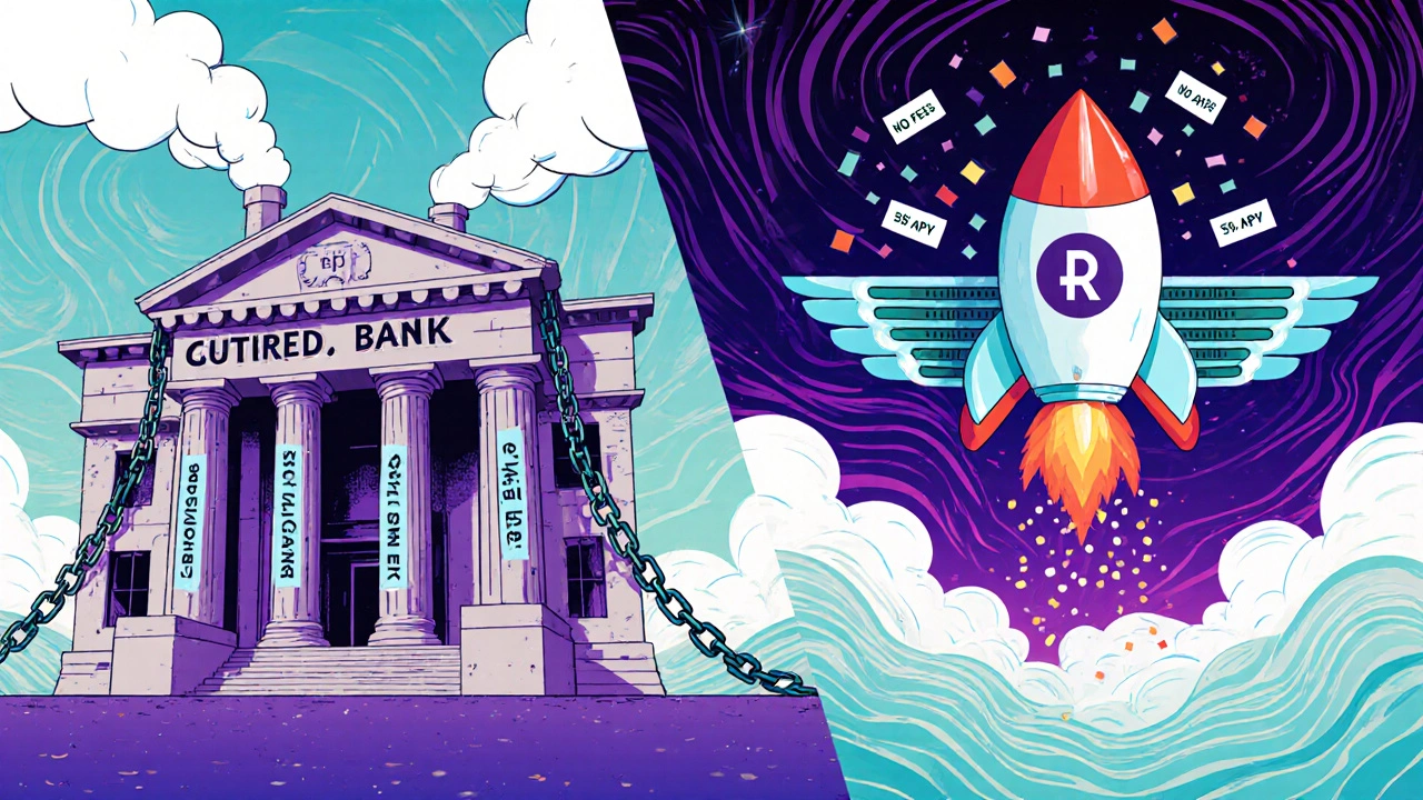 Sleek app rocket vs. heavy traditional bank, floating with confetti of no-fee savings and psychedelic patterns.