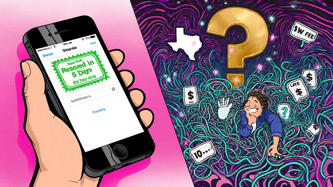 Split scene: a New York user resolving a dispute easily, while a Texas user is overwhelmed by late fees and confusion.