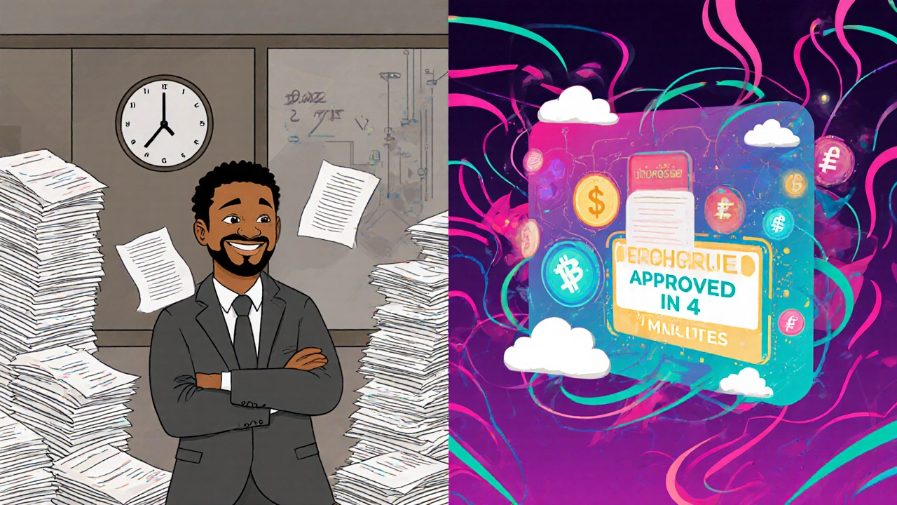 Split scene: frustrated bank wait vs. instant digital loan approval in vibrant colors.