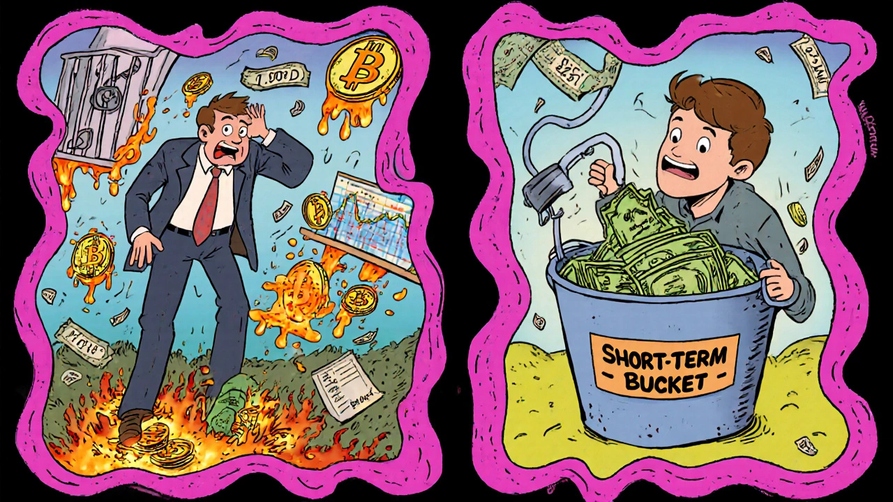 A calm person taking money from a labeled short-term bucket while chaotic financial assets melt around them in a psychedelic style.