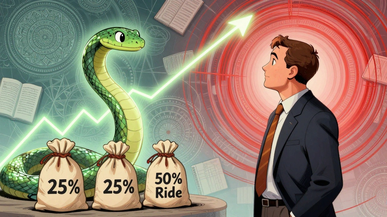 A calm trader watches a stock rise with a trailing stop line following it, while partial profits are bagged in labeled pouches.