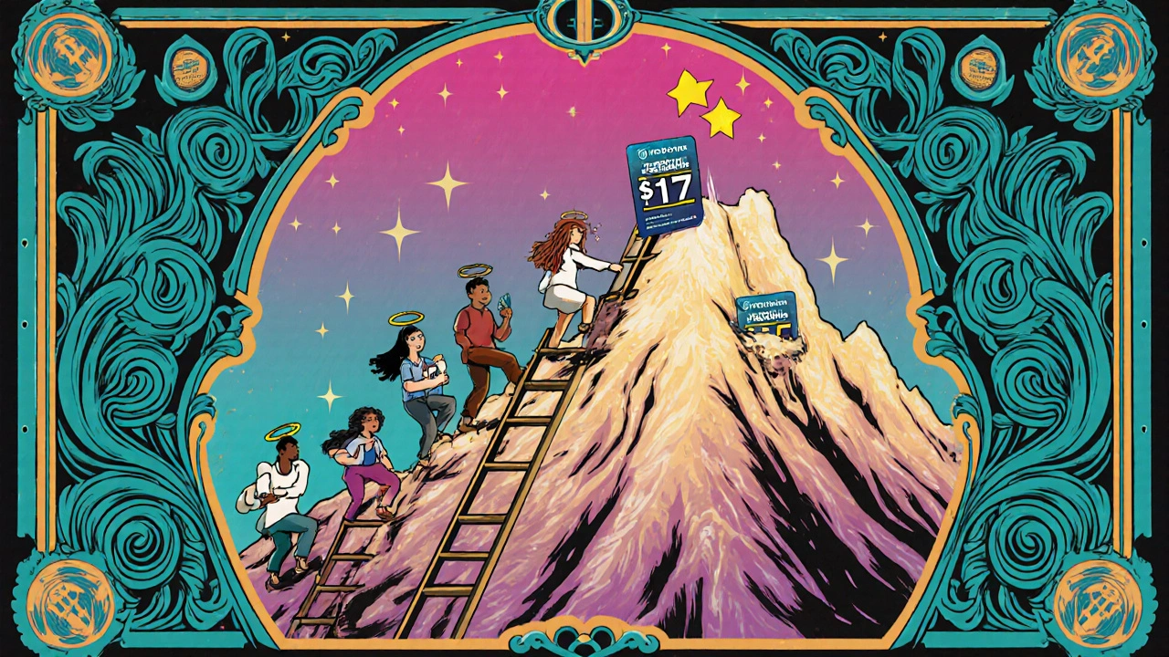 A credit builder card forming a ladder to a mountain of credit scores, with people climbing under swirling retro patterns.