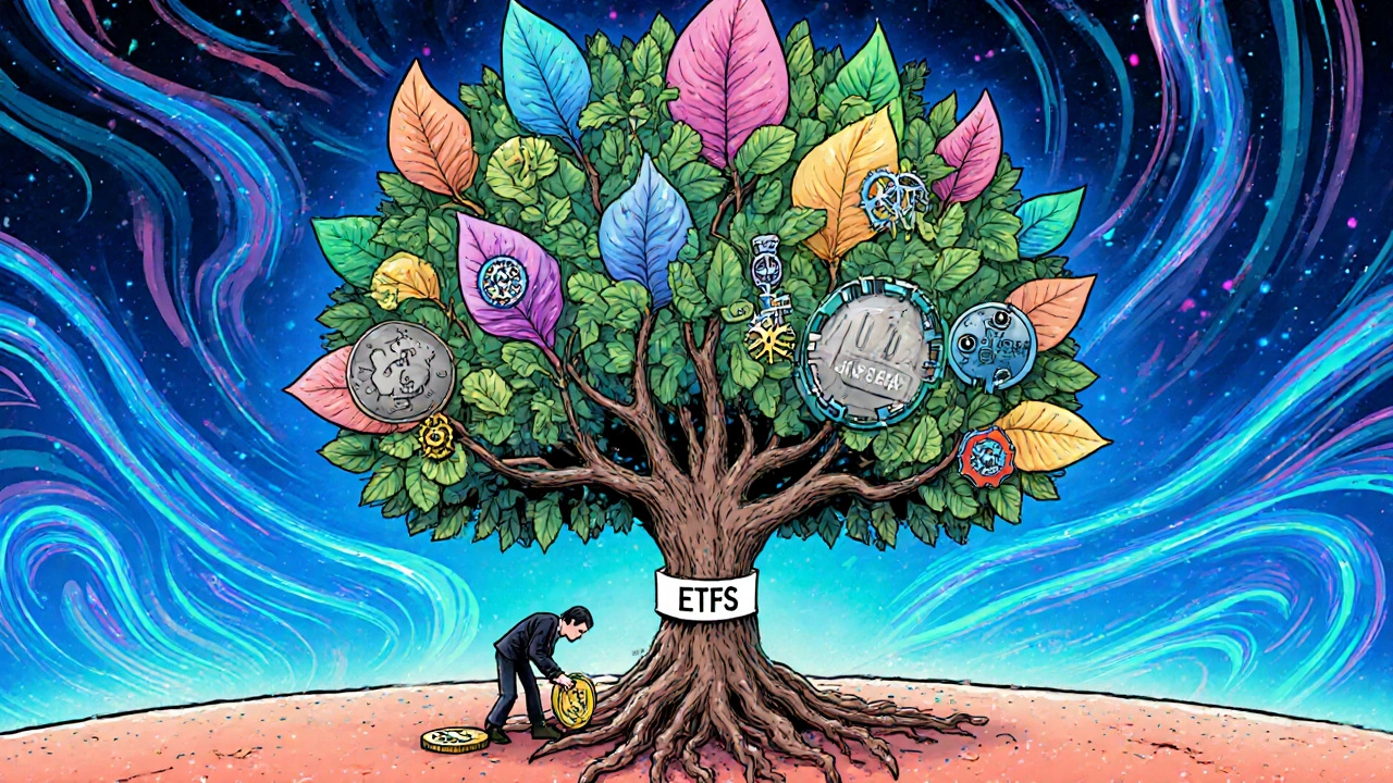A futuristic tree with ETF branches grows from bank account roots, fed by data from wearables and spending apps.