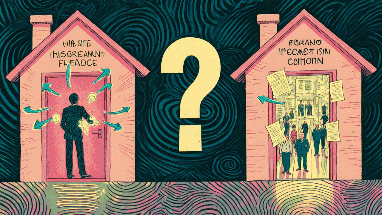 A house with two doors representing joint tenancy and tenants in common, surrounded by legal maze patterns.