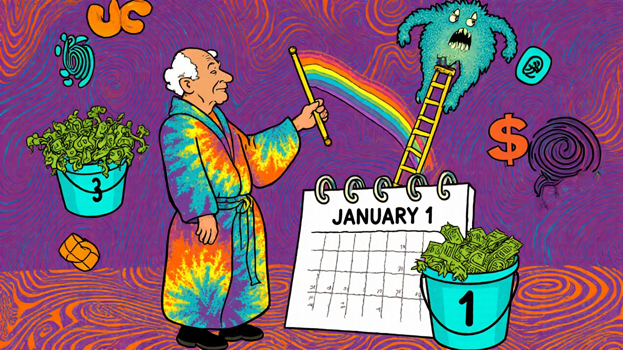 A retiree rebalancing retirement buckets annually using a rainbow wand, with inflation monsters fleeing.
