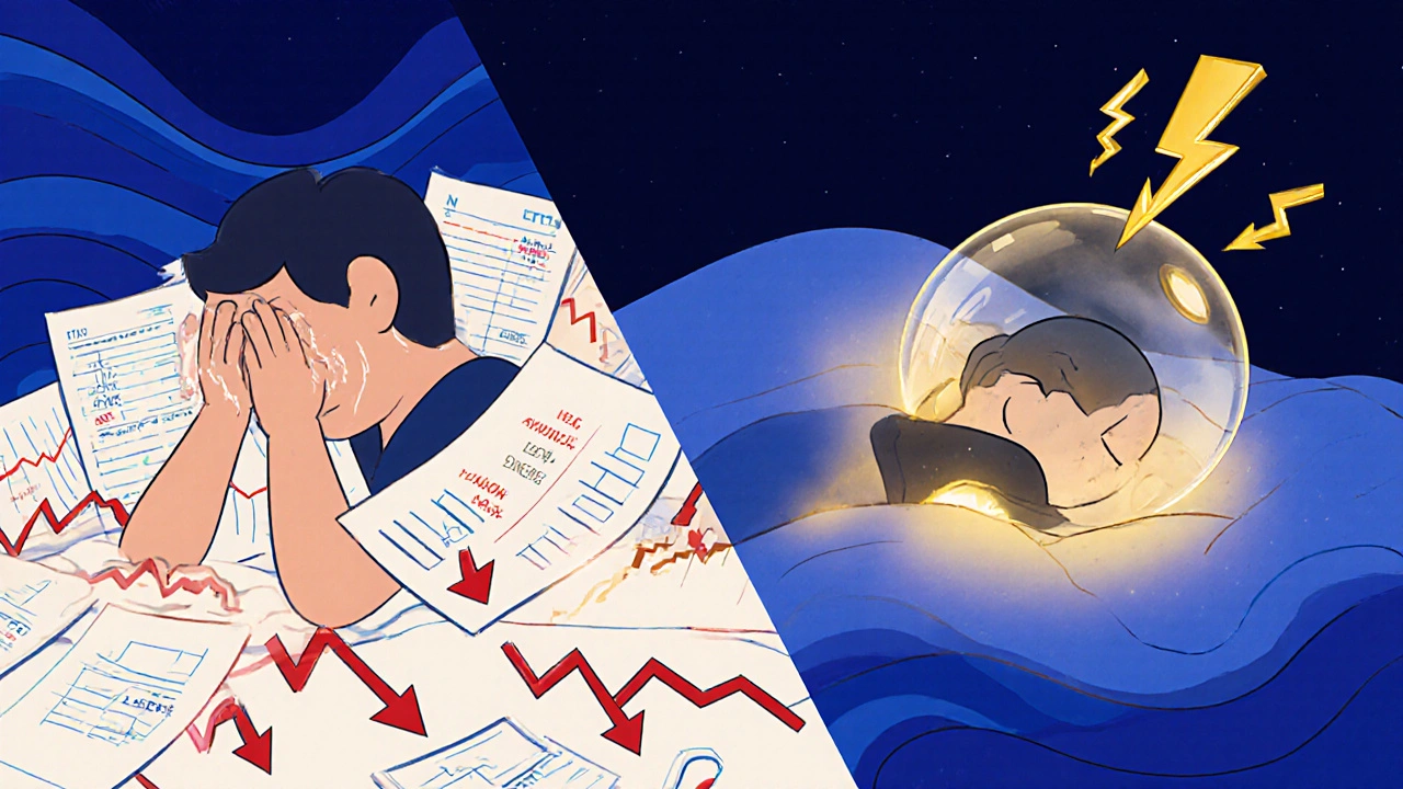 A serene user sleeps while a glowing bot harvests tax losses, contrasting with a stressed person facing falling stock charts.