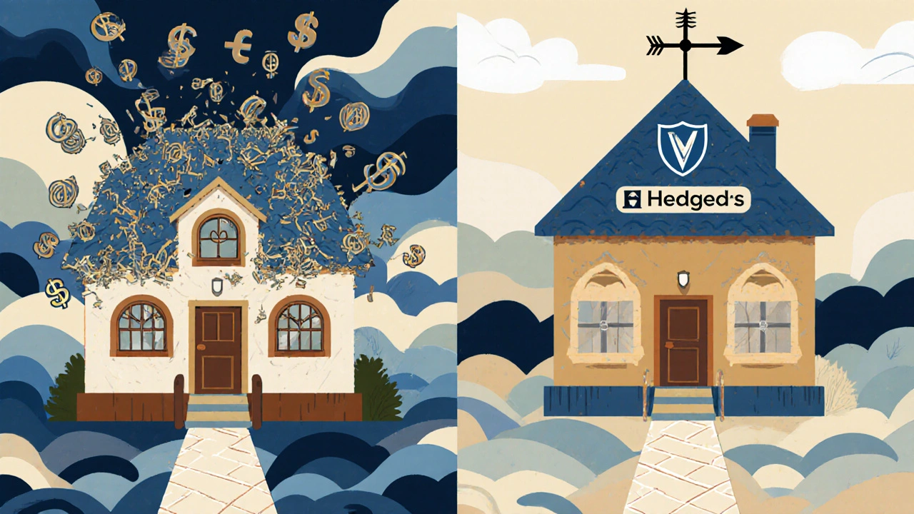 A stable bond-roofed house protected from flying currency symbols, symbolizing hedged investment safety.
