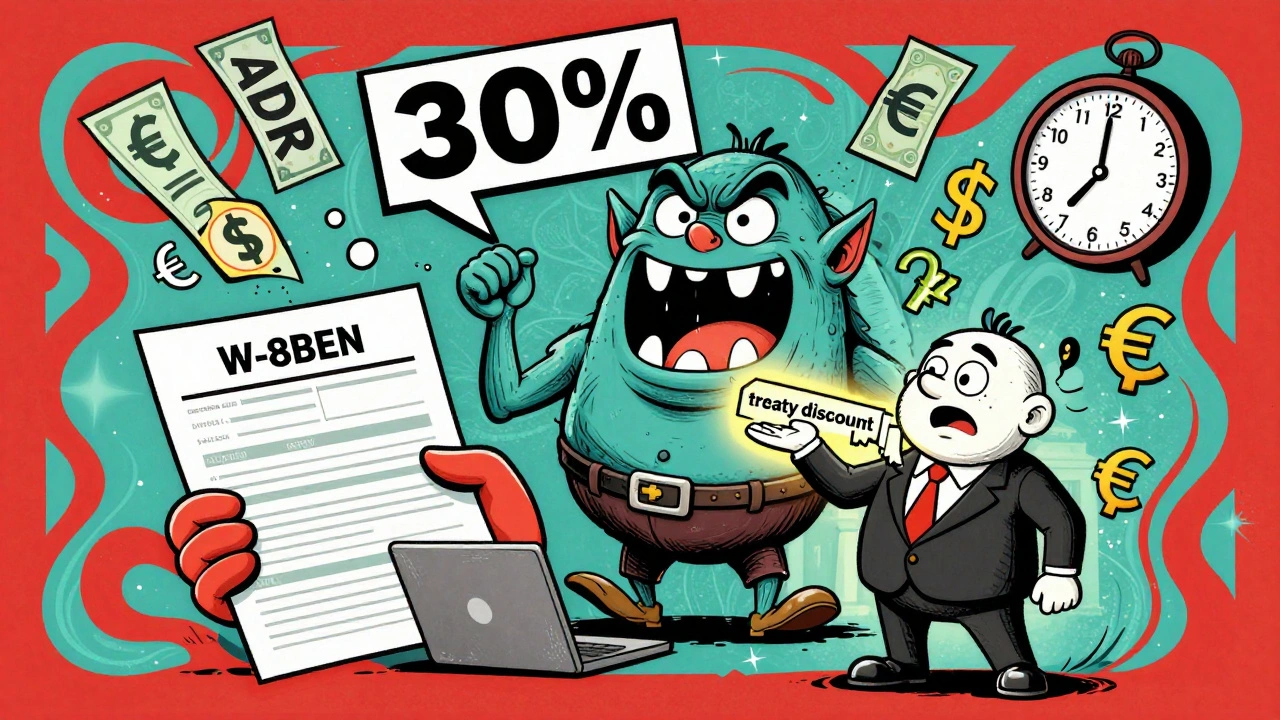 An investor holds a tax form as a goblin hovers, while ADR shares dissolve into currency symbols.