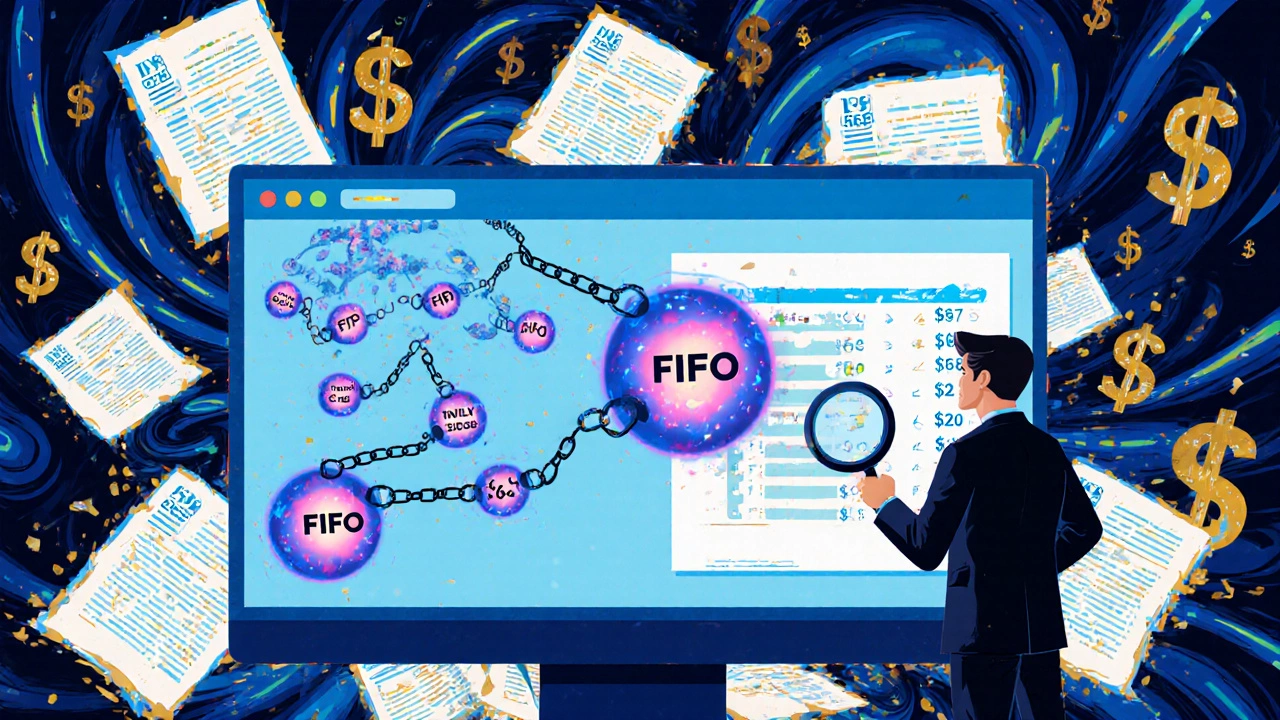 Brokerage screen with glowing tax lots, one chosen by a magnifying-glass-wielding investor, IRS forms dissolving into money.