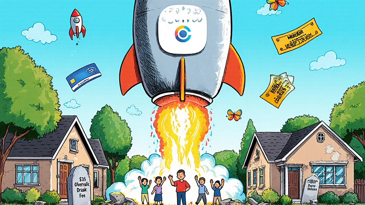 Chime app spaceship launching into space, leaving behind ruined traditional banks, with millions waving debit cards below.