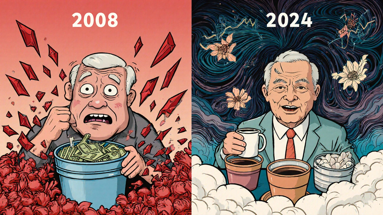 Contrasting panicked stock sale in 2008 with calm bucket strategy in 2024, surrounded by swirling market flowers.