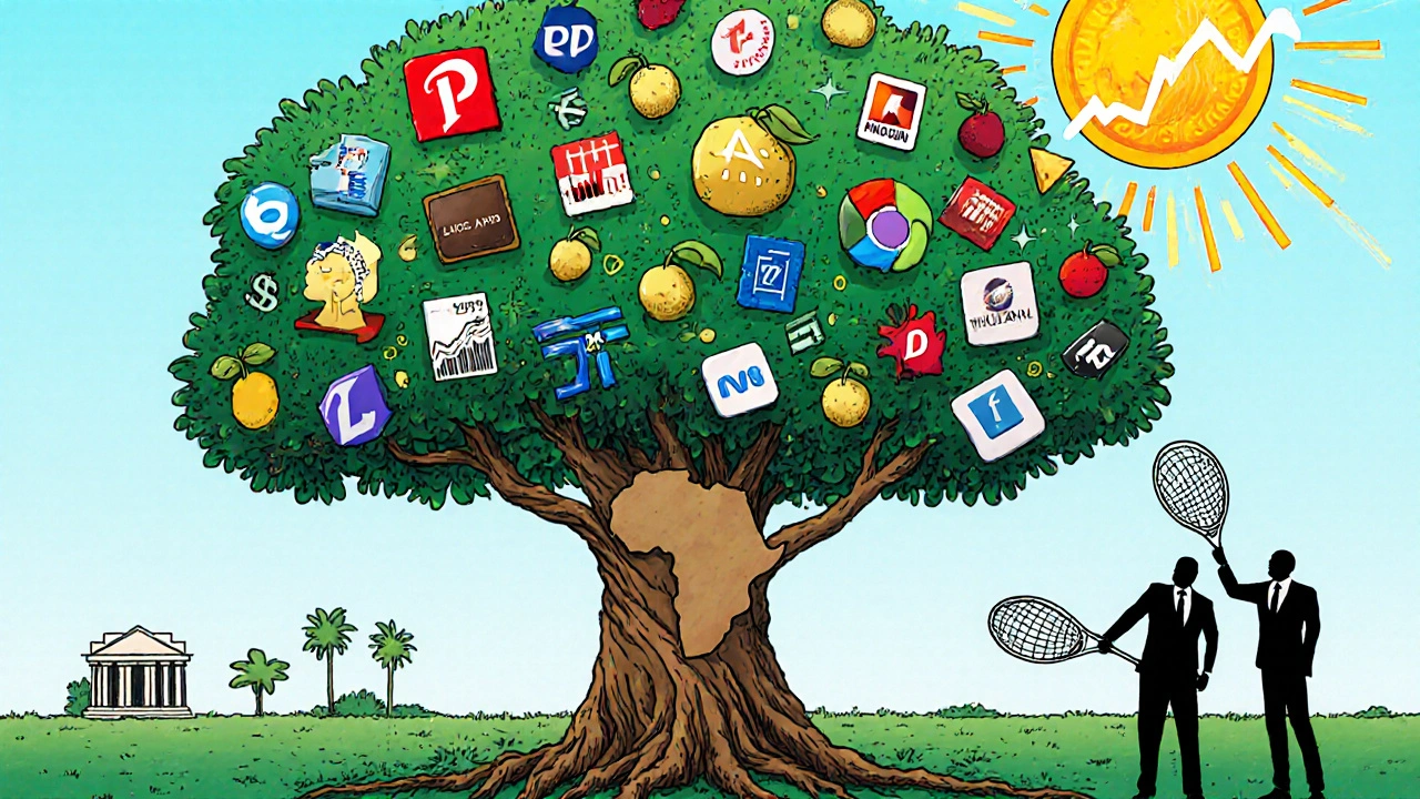 Digital tree with global fintech roots bearing mobile wallets and AI fruit, harvested by financial firms