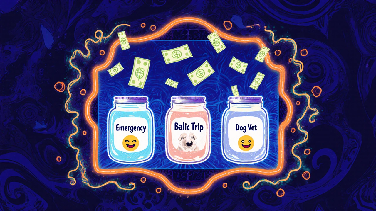Digital vault with labeled savings jars glowing like fireflies in a psychedelic pattern.
