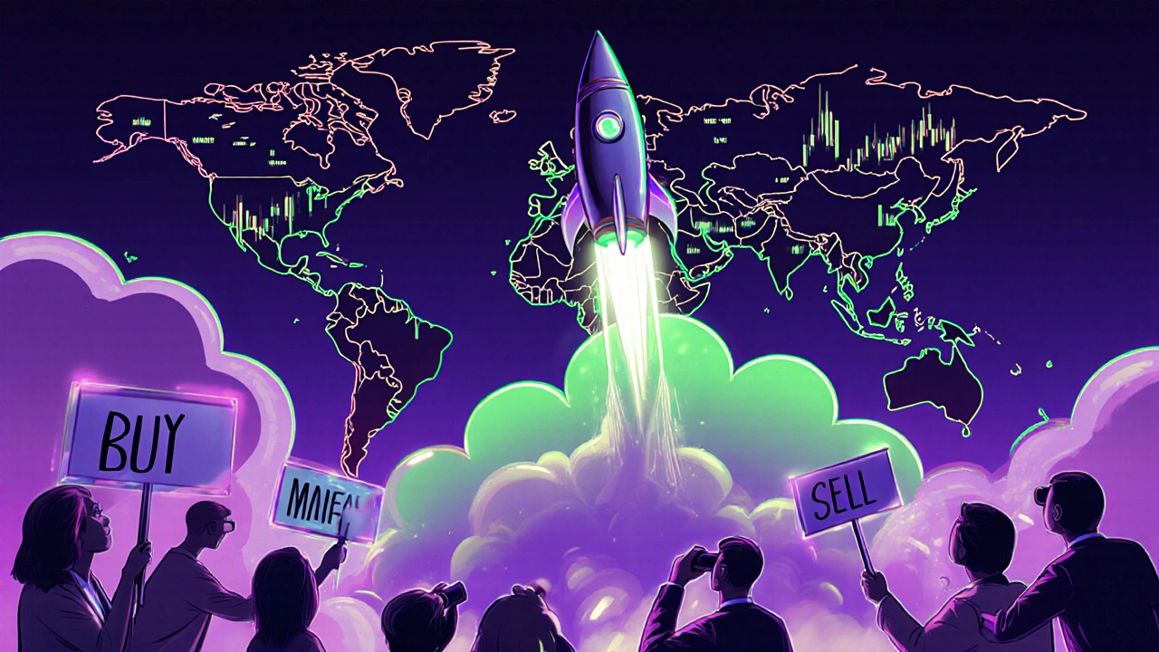 ETF rocket launching from stock graph launchpad with momentum signals trailing