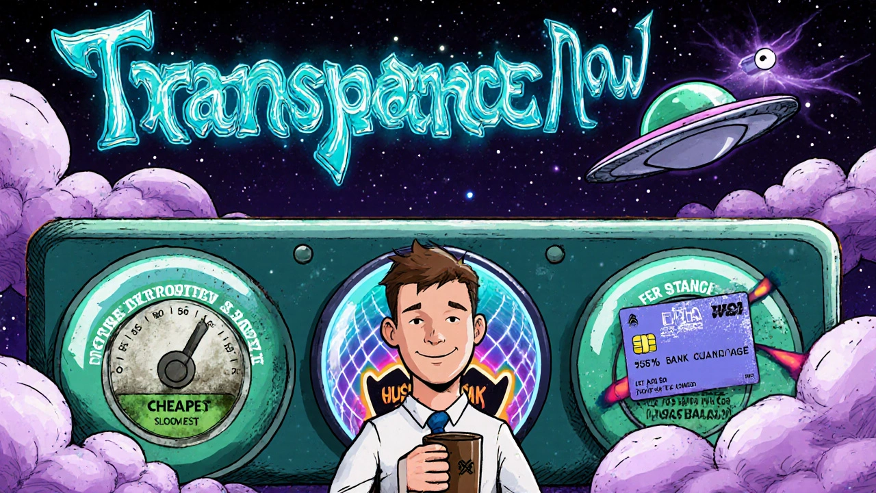 EWA dashboard with three payment options as glowing controls — ACH, RTP, Push-to-Card — orbiting a calm user, surrounded by psychedelic clouds saying &#039;Transparency Now&#039;.